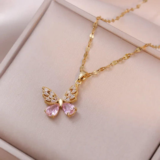 TITLIYA TITLI-024 – Pink Crystal Butterfly Pendant Necklace