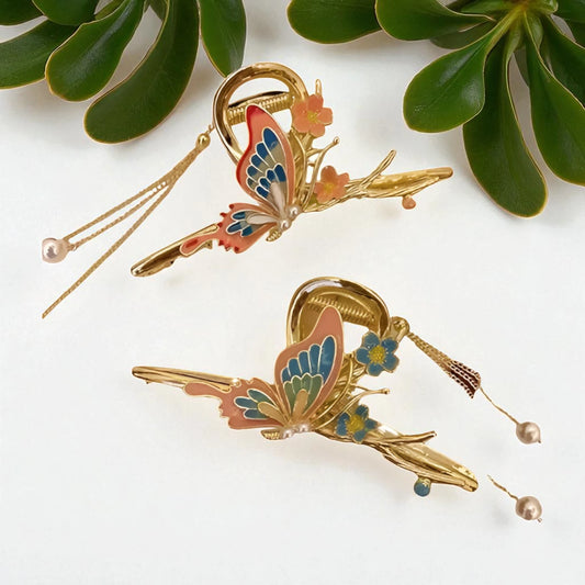 TITLIYA TITLI-046 – Pink Butterfly Hair Clip – Gold Metal with Pearl Chains