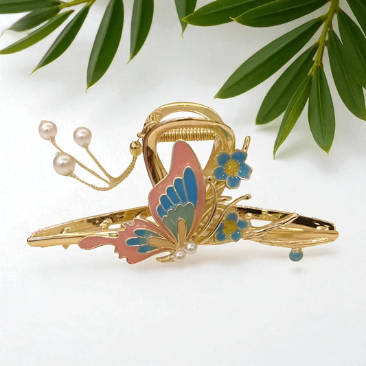 TITLIYA TITLI-047 – Pink and Blue Butterfly Hair Clip   Gold Finish with Pearls
