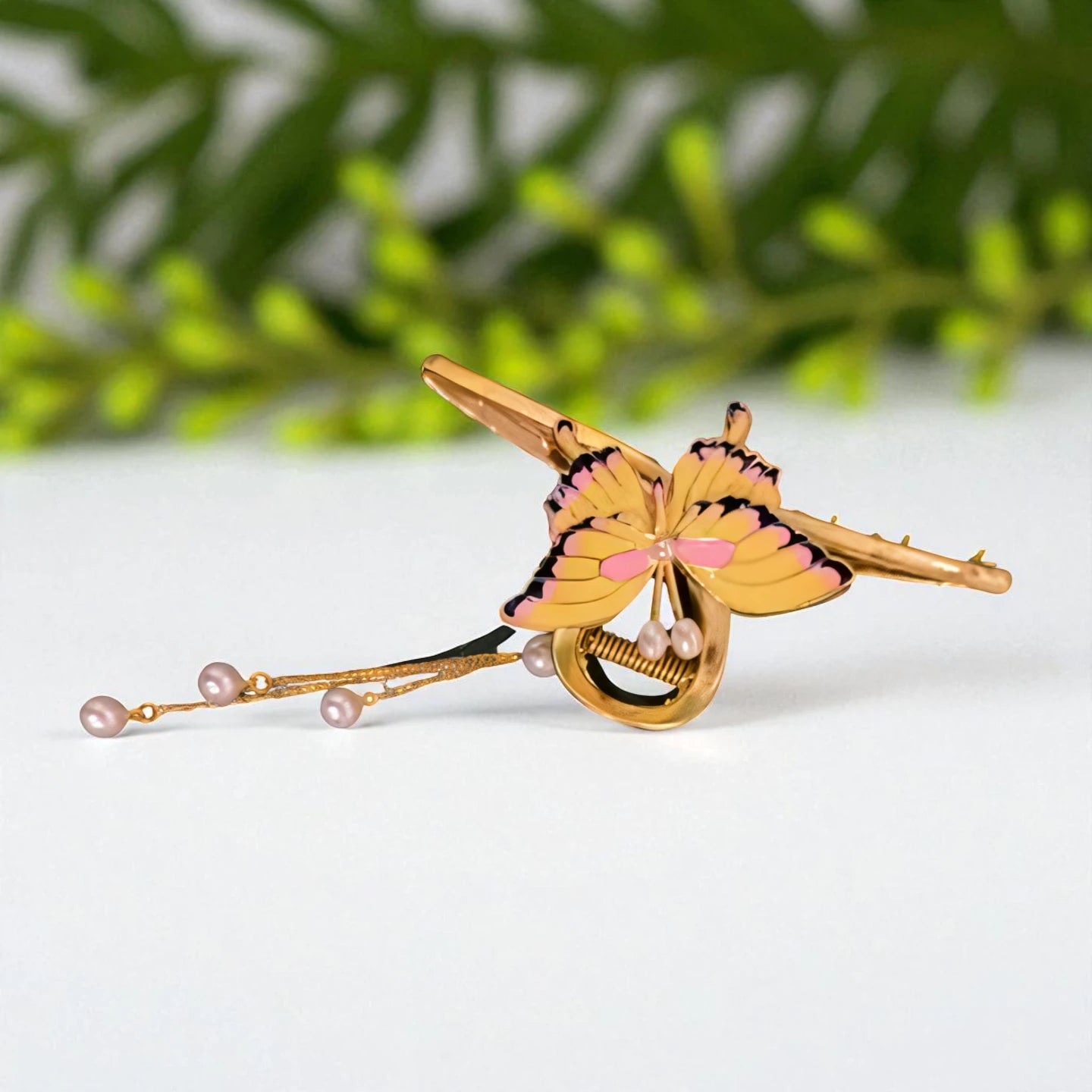 TITLIYA TITLI-052 – Yellow and Pink Butterfly Hair Clip with Pearl Chains