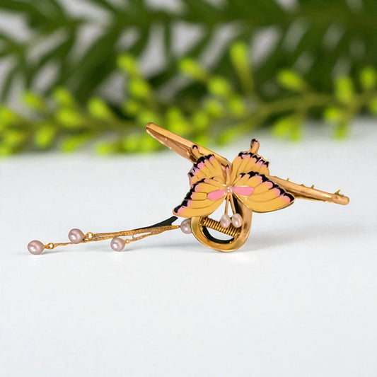 TITLIYA TITLI-052 – Yellow and Pink Butterfly Hair Clip with Pearl Chains