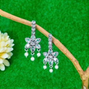 Beautiful Small Silver Diamond Flower Drop Earrings