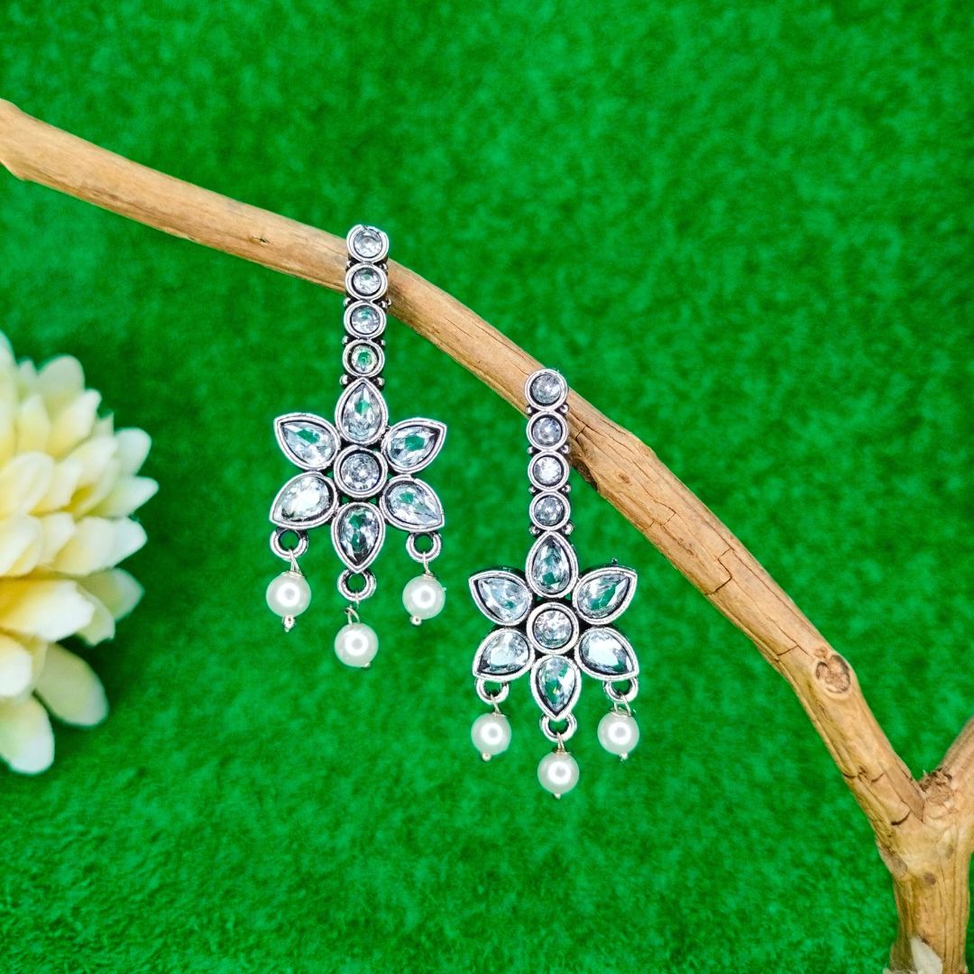 Beautiful Small Silver Diamond Flower Drop Earrings