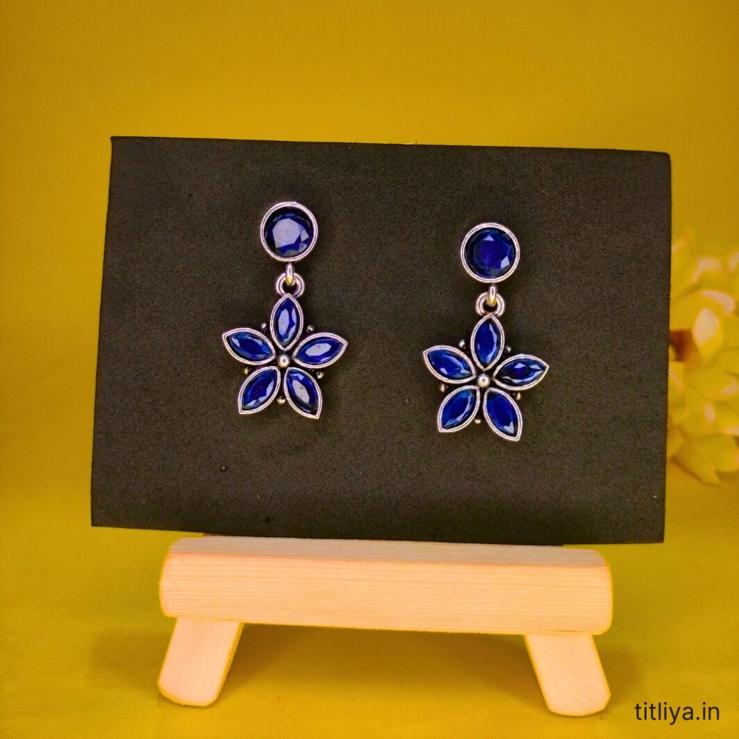 Blue Floral Drop Earrings German Silver Jewelry by Titliya