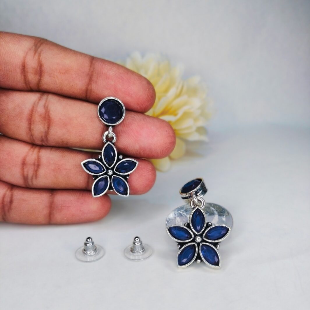 Blue Floral Drop Earrings with Artificial Stones Titliya