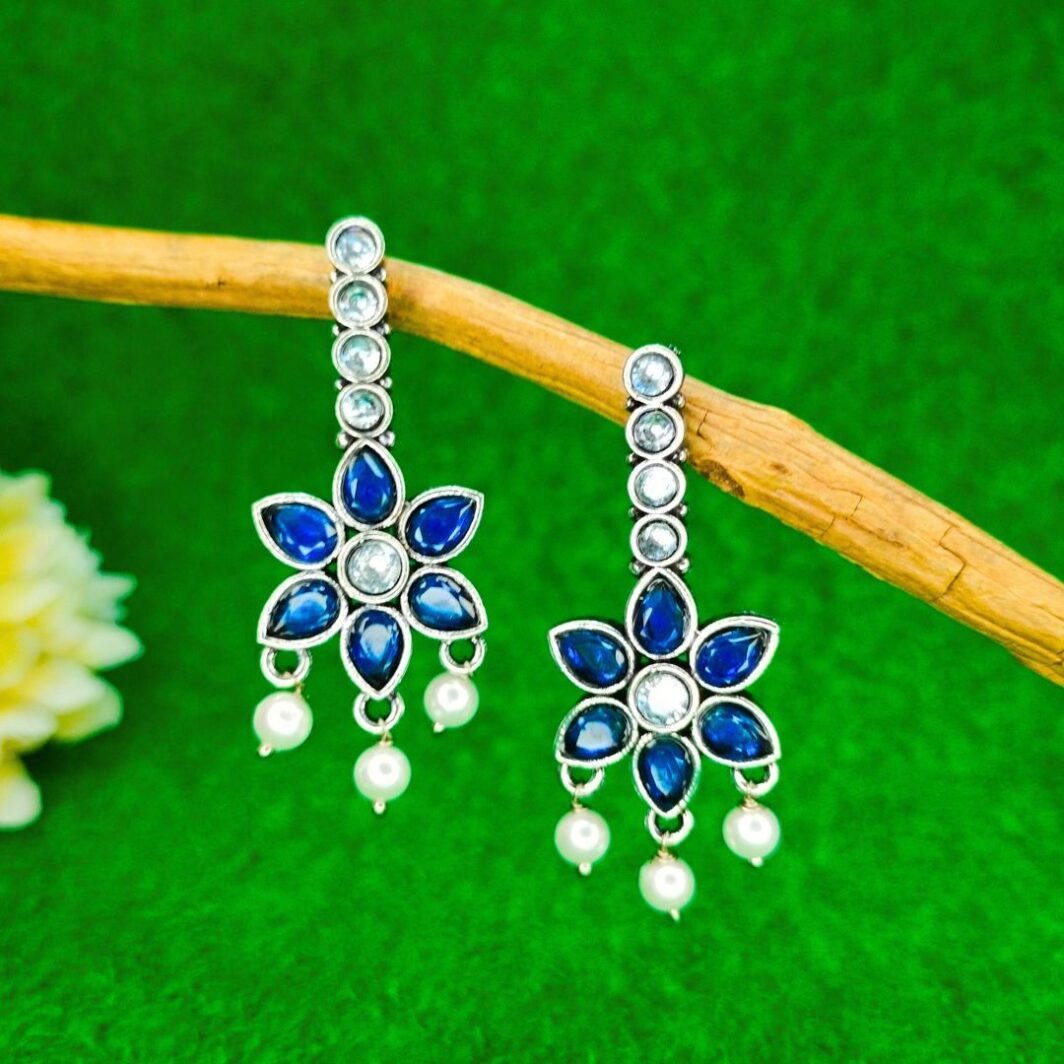 Blue Kundan Silver Plated Chandelier Drop Earrings for Women Girls