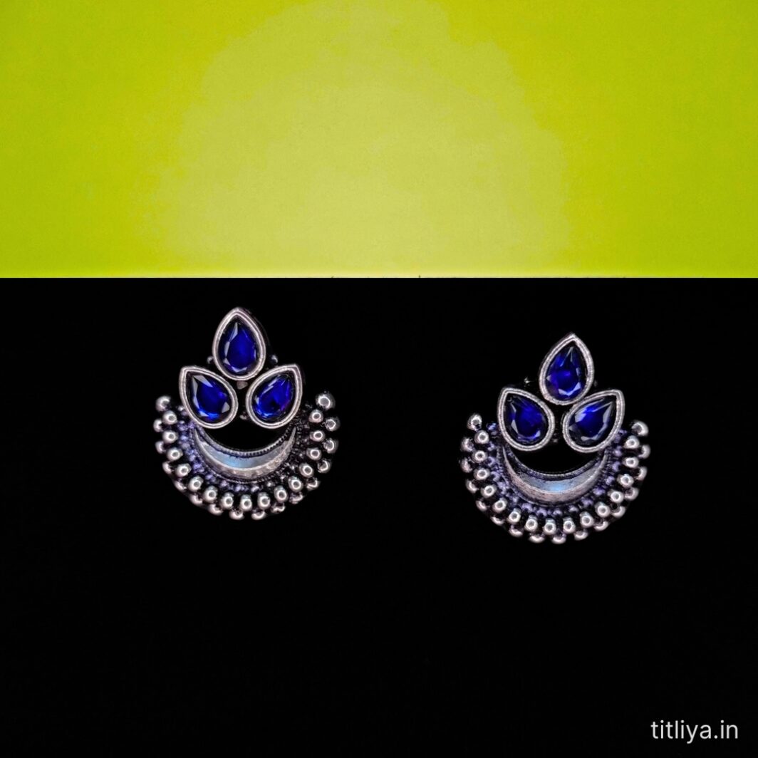 Buy Blue Contemporary Stud Earrings in Oxidised Silver at Lowest Price