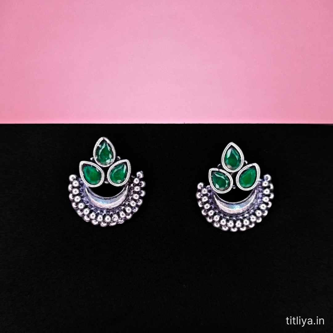 Buy Oxidised Silver Green Contemporary Stud Earrings at Best Price