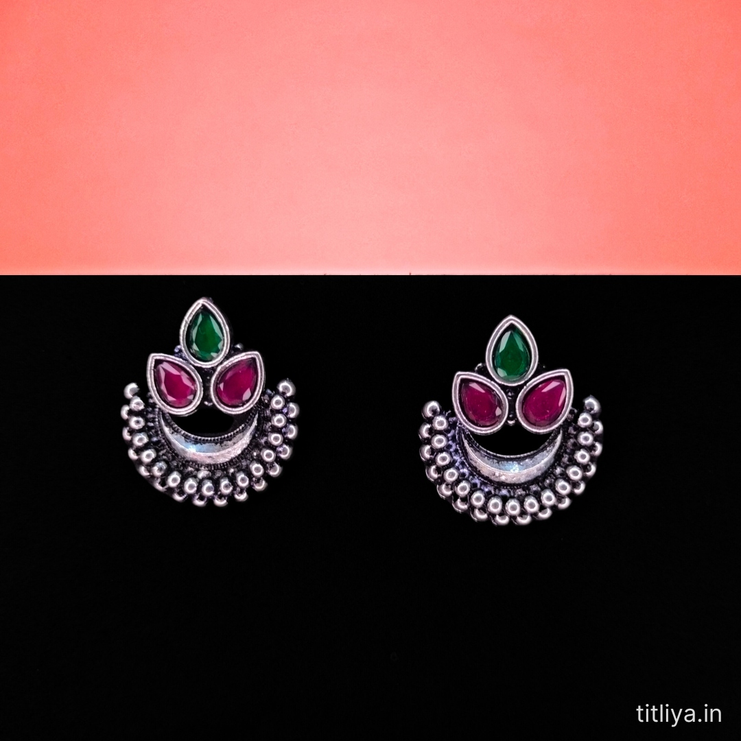 Buy Red Green Contemporary Stud Earrings in Oxidised Silver Online