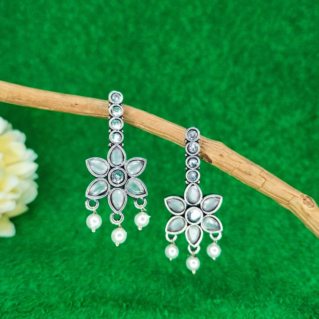 Floral Design Grey Earrings with Pearl Drop for Women