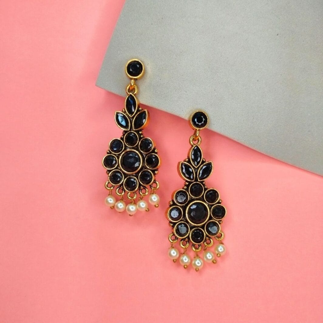 Gold Plated Kundan Black Stone Earrings with Pearl Drop