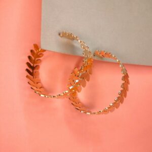 Gold-Toned Fern Leaf Metallic Hoop Earrings for Women