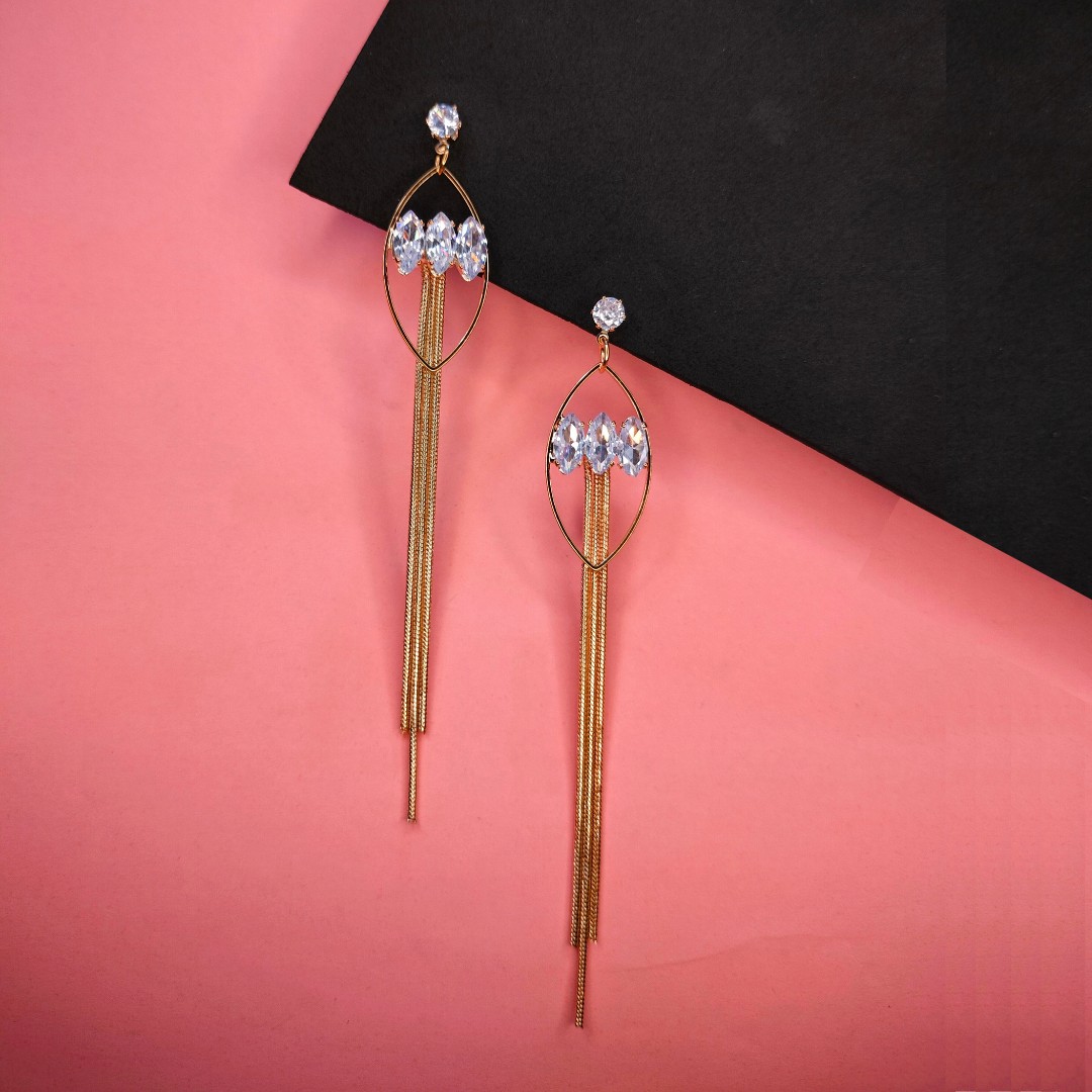 Golden Three Chain Tassel Long Drop Earrings with Oval Shape Diamond jc211