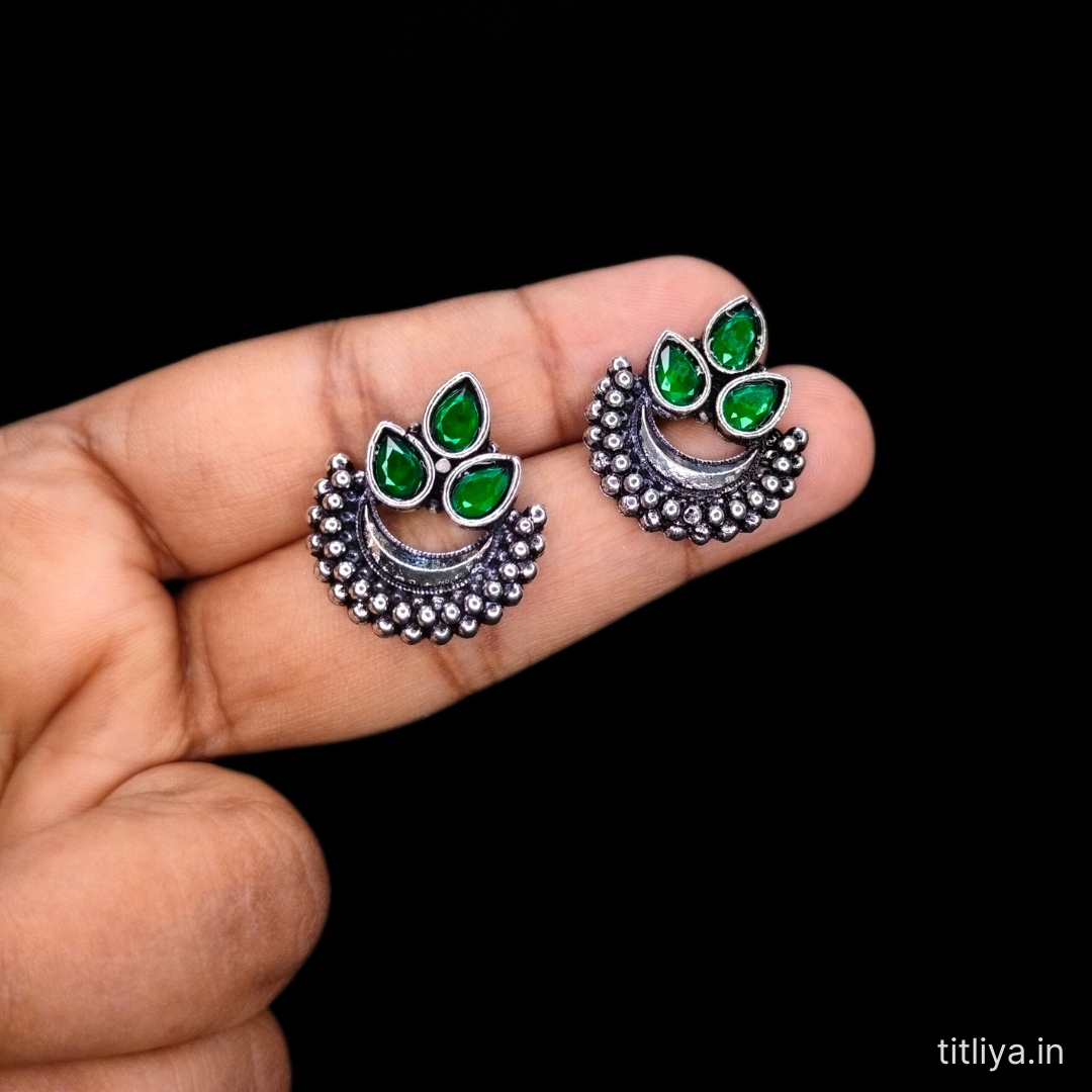 Green Contemporary Stud Earrings with Oxidised Silver Titliya Collection