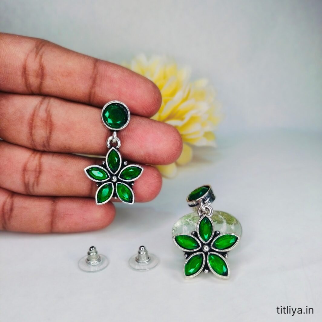 Green Flower Design Drop Earrings in German Silver Titliya