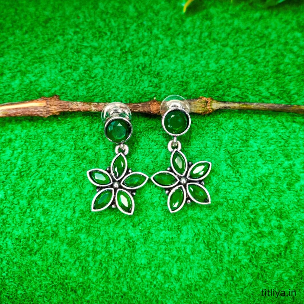 Green Flower Design Earrings Silver Plated Drop Style by Titliya