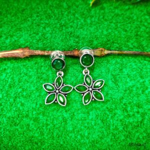 Green Flower Design Earrings Silver Plated Drop Style by Titliya