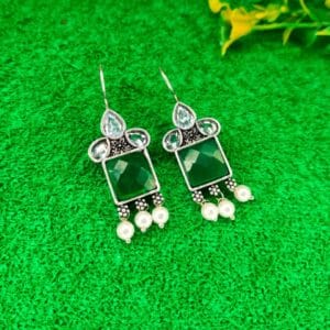 Green Oxidized Silver Drop Earrings for Women Girls