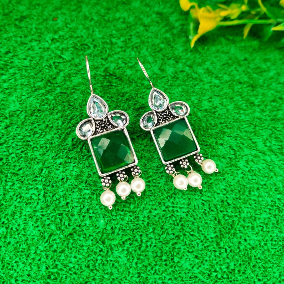 Green Oxidized Silver Drop Earrings for Women Girls