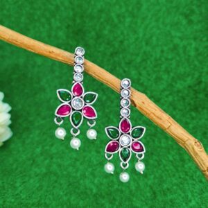 Green Red Silver Plated Floral Drop Earrings for Women