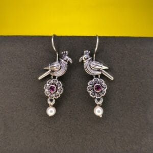 Handcrafted Bird Hanging Earrings with Dark Purple Stone