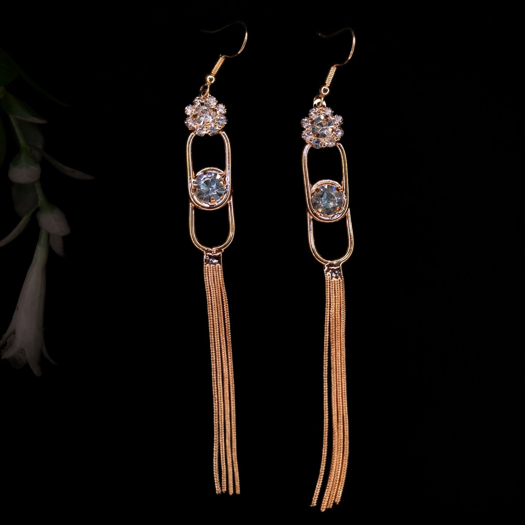 Long Chain Fringe Tassel Drop Earrings with Diamond Stones JC208