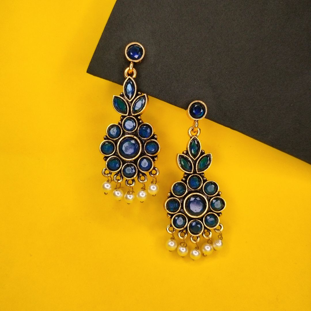 Long Kundan Blue Drop Danglers Earrings for Parties, Festivals & Weddings