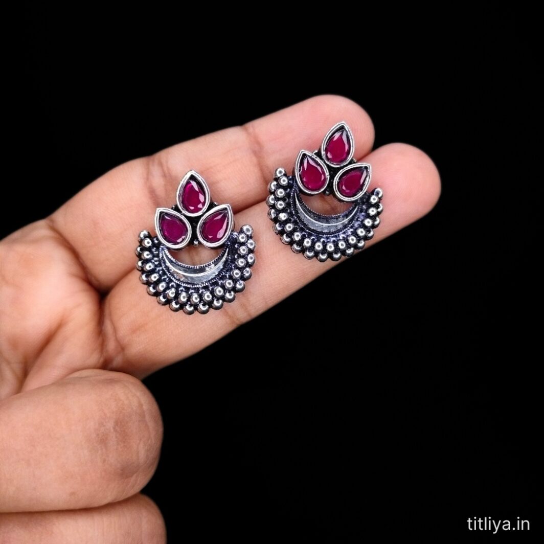 Maroon Contemporary Stud Earrings in Oxidised Silver Stylish Womens Jewelry