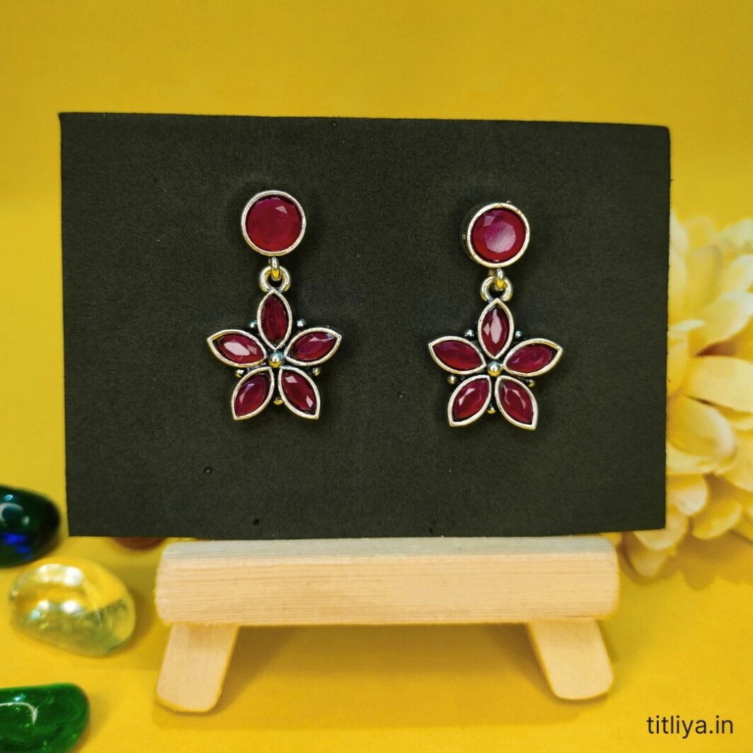 Maroon Flower Drop Earrings Elegant Silver Plated Jewelry by Titliya