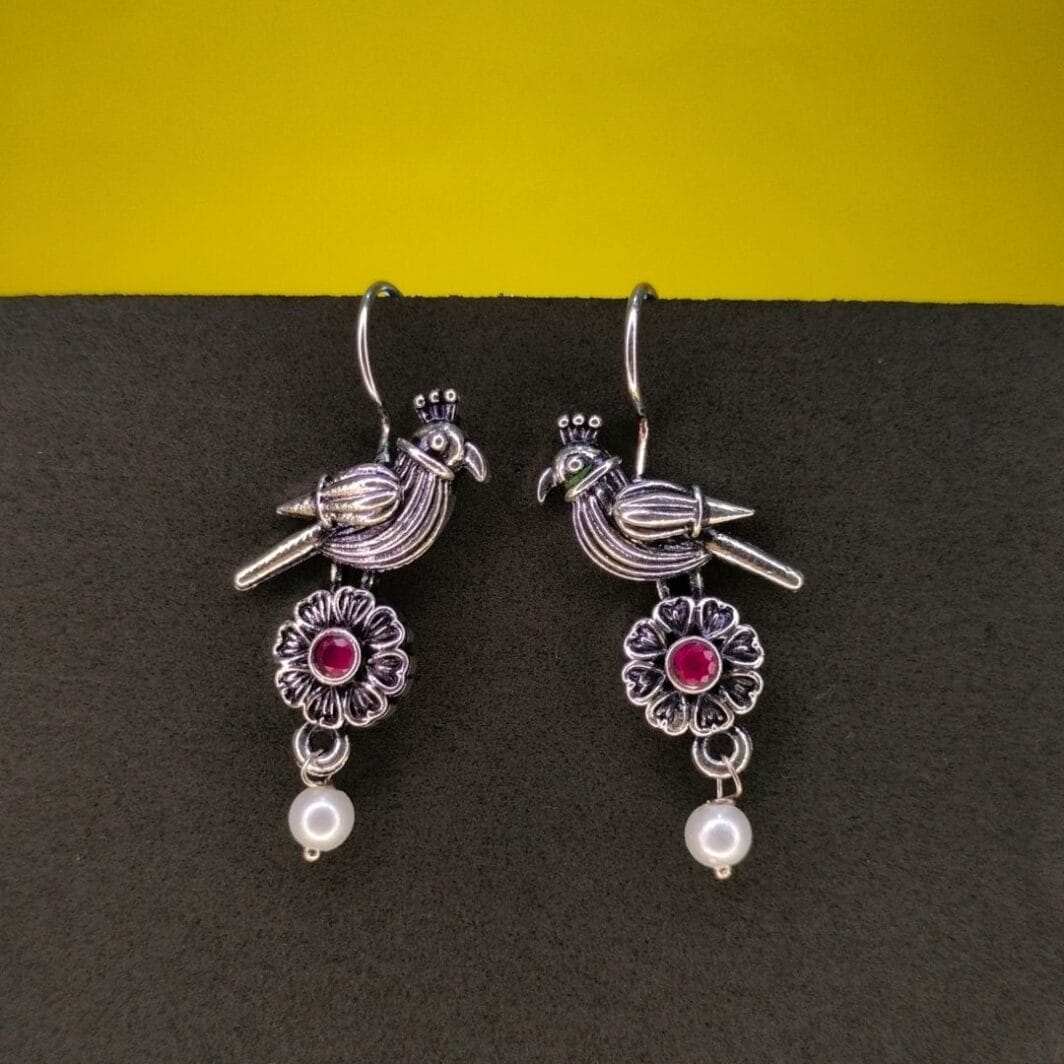 Maroon Stone & Silver-Plated Bird Hanging Earrings