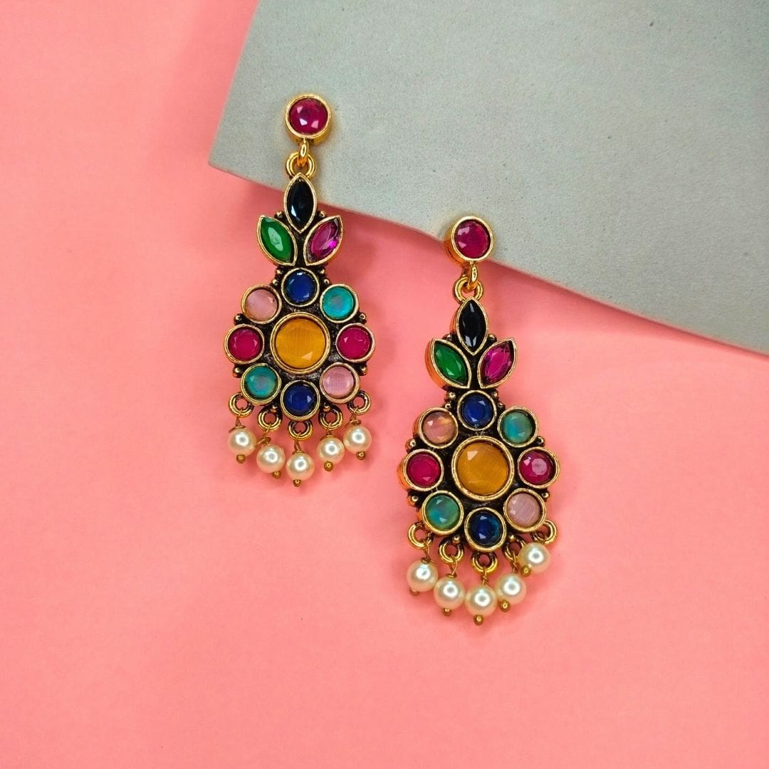 Multi-Colour Kundan Pearl Drop Earrings for Festivals & Weddings