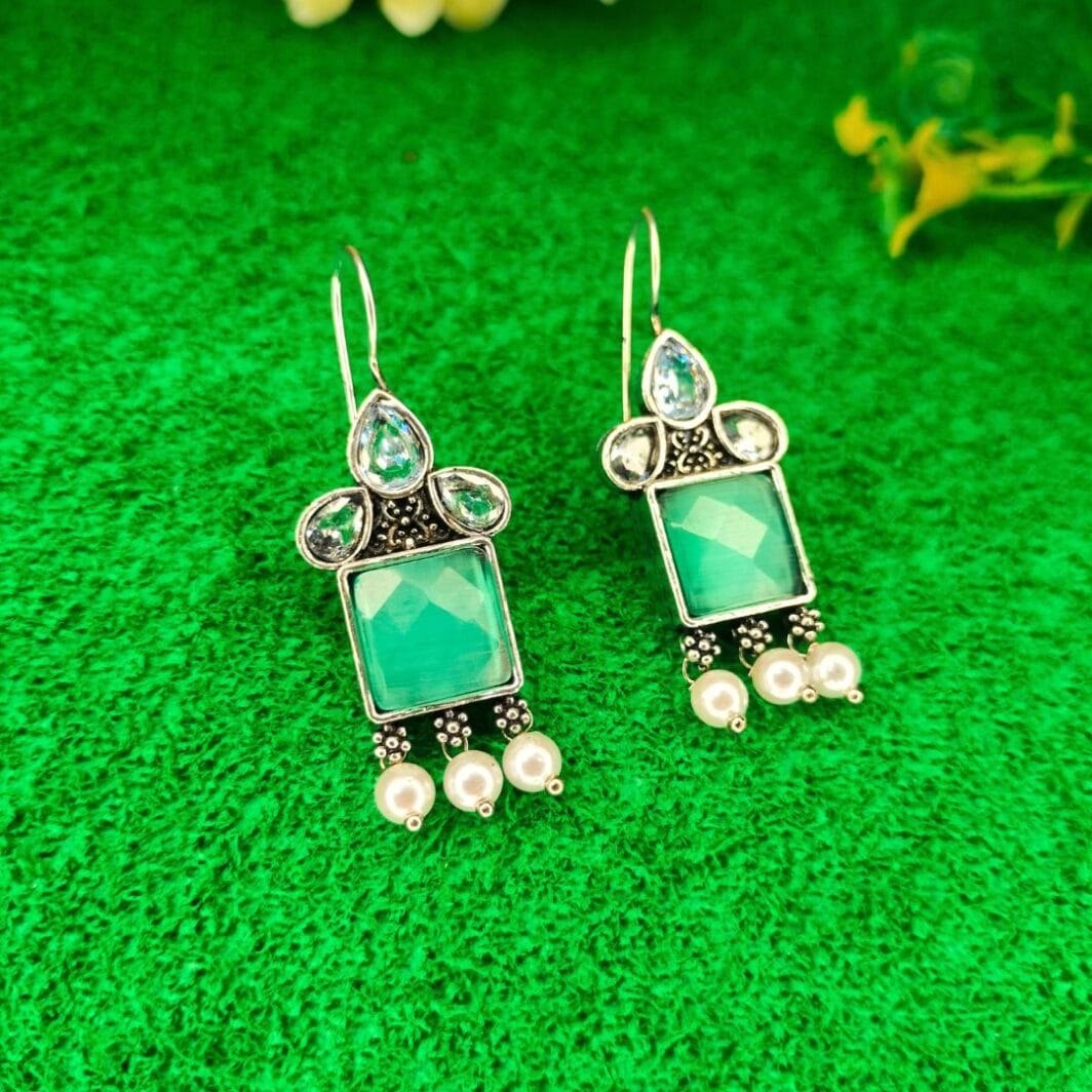 Pista Green Oxidised Silver Drop Earrings Trendy Stylish