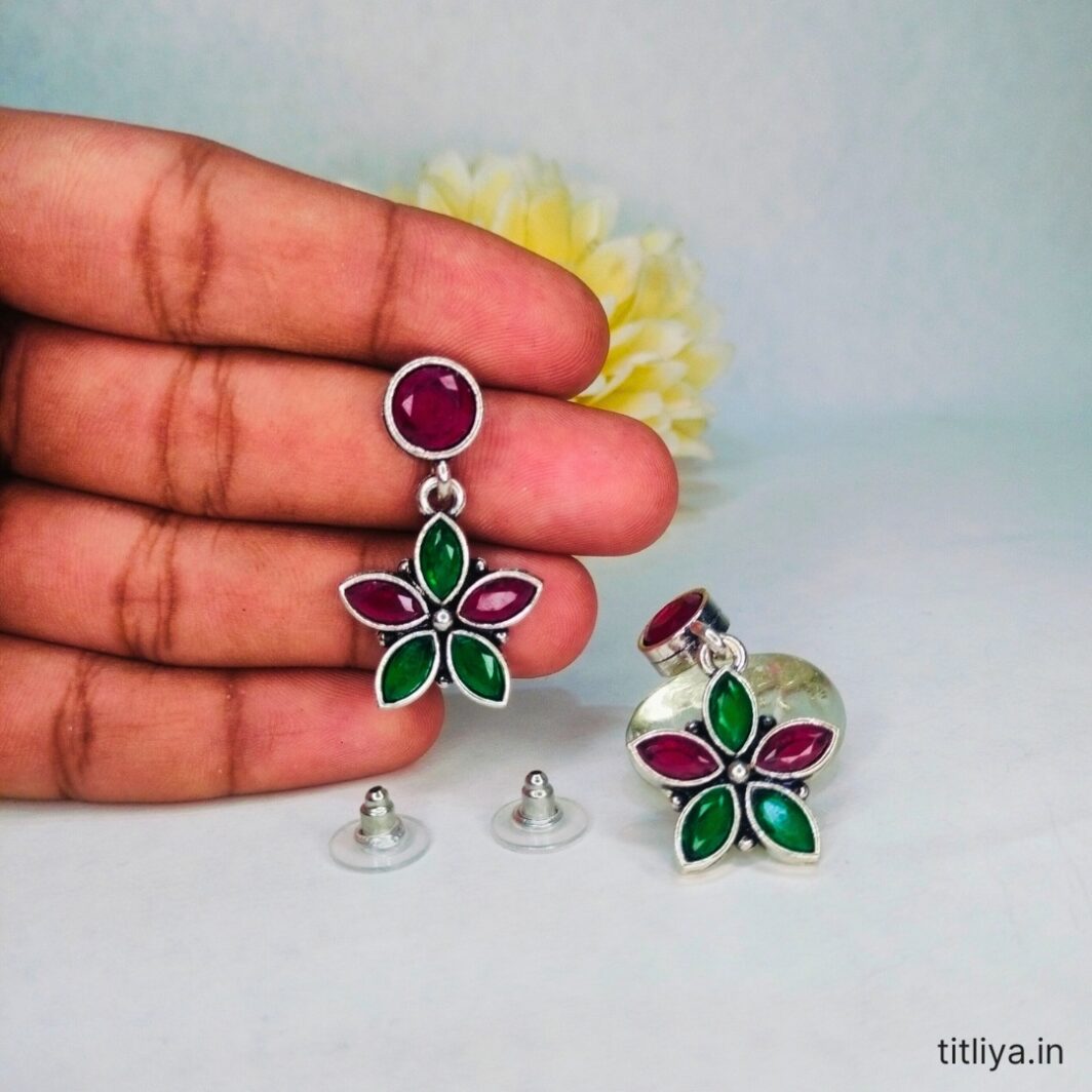 Red Green Flower Earrings in German Silver Traditional Charm