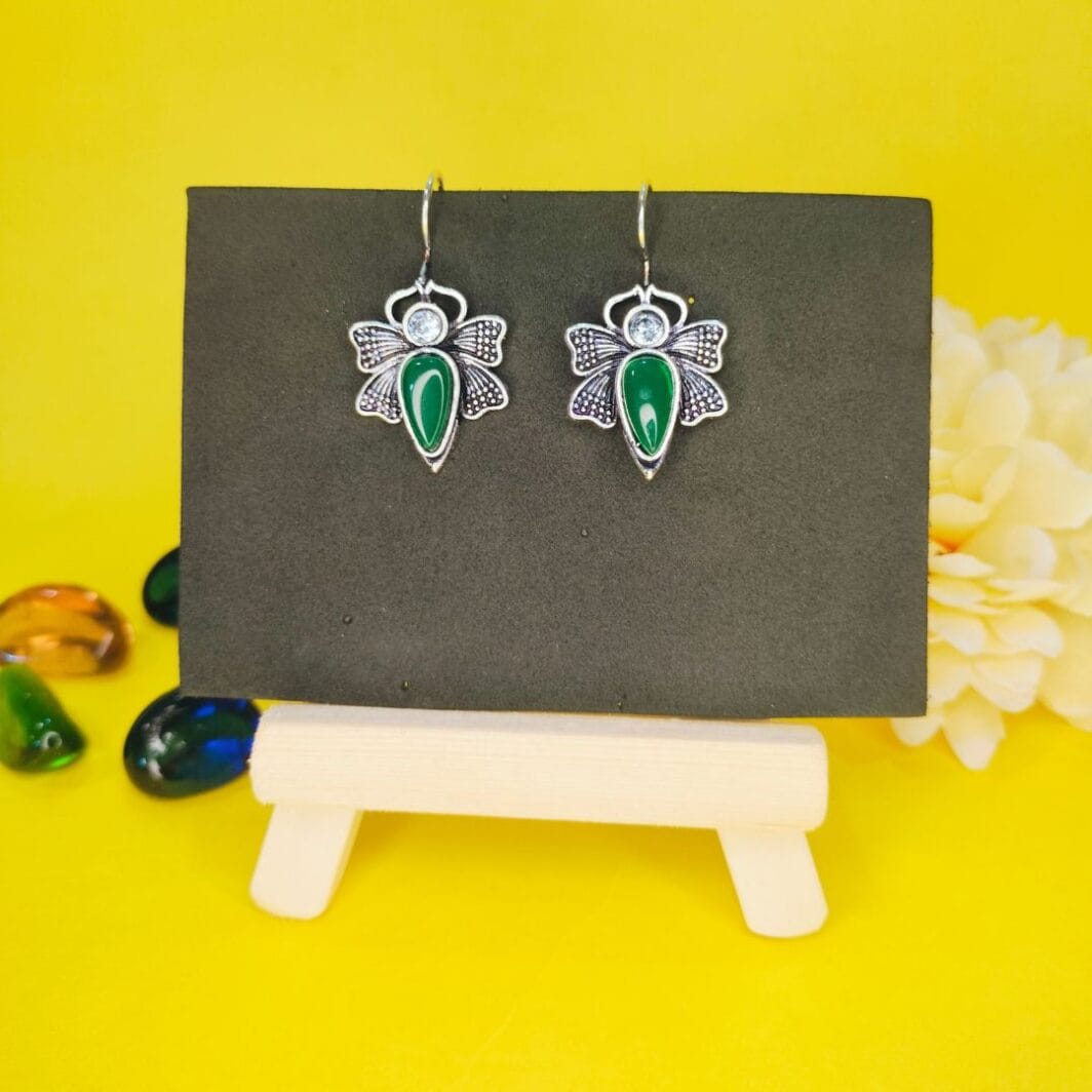 Silver Butterfly Hanging Earrings with Green Stone