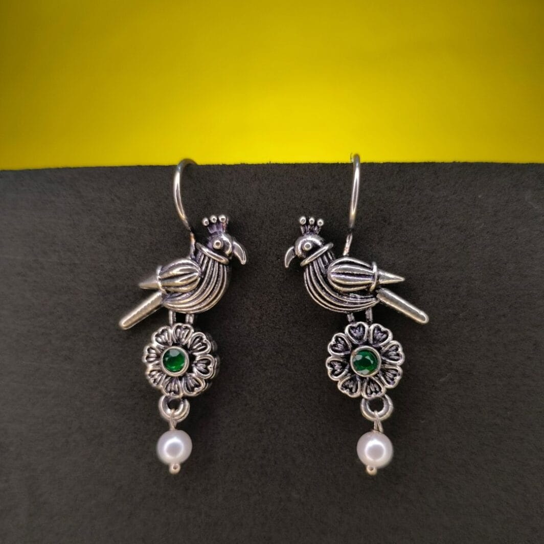 Silver Plated Greenstone Bird Earrings for Women Girls