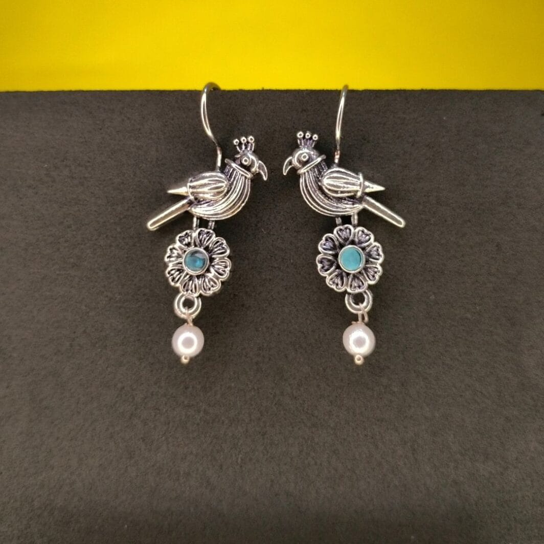 Silver Plated Trendy Bird Earrings with Sky Blue Stone