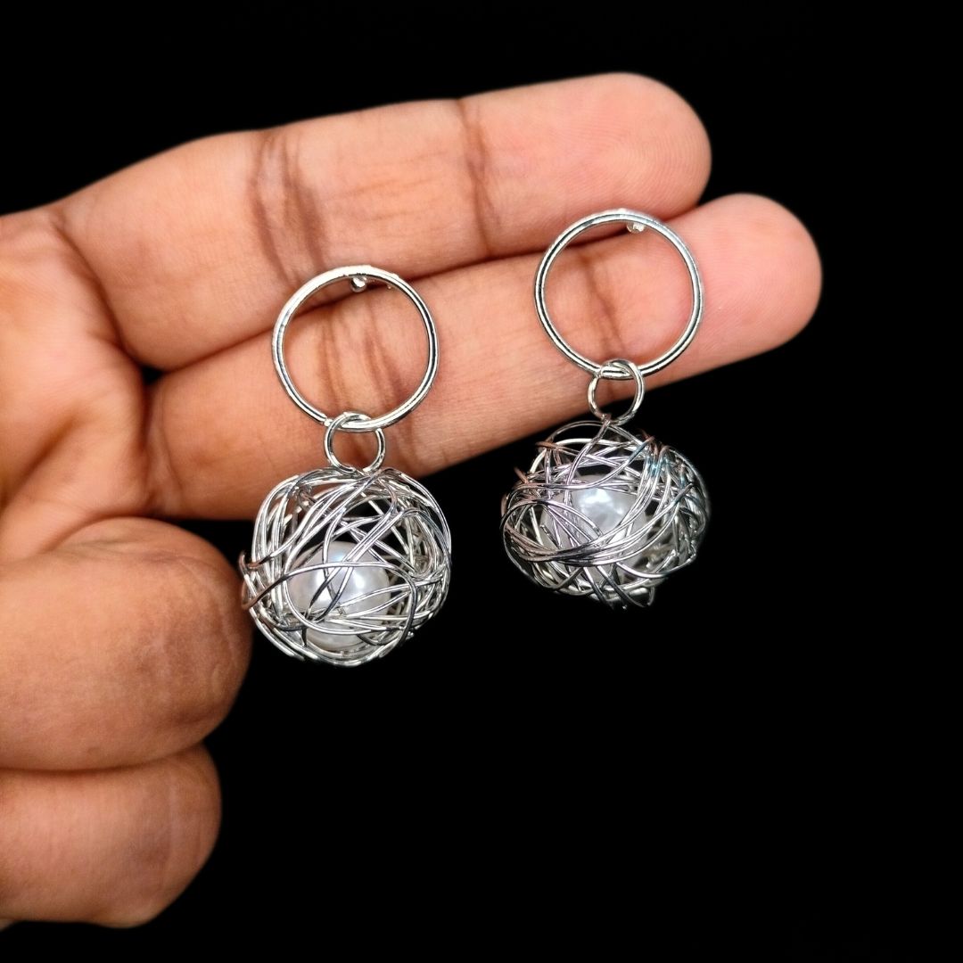 Silver Wire Circle Pearl Dangler Earrings Womens and Girls