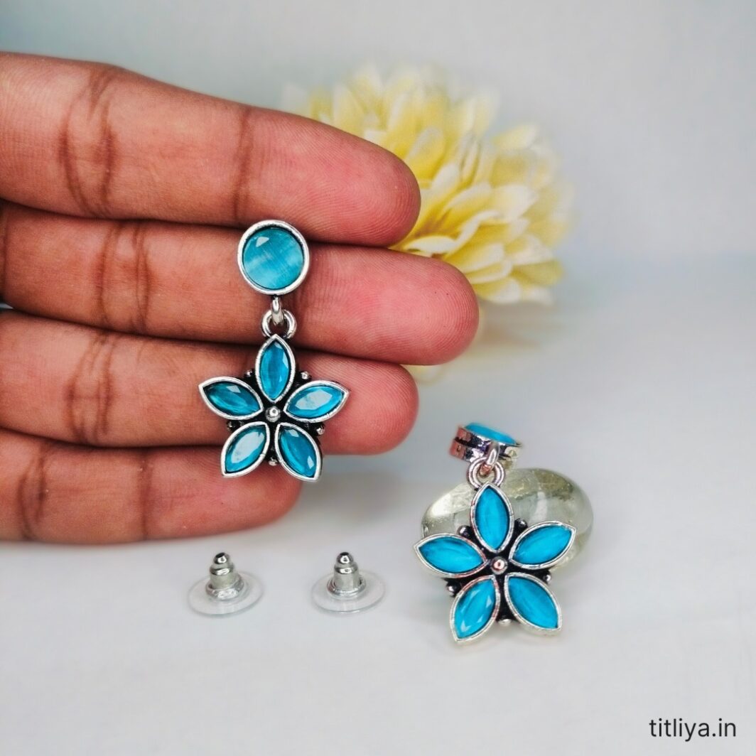 Sky Blue Artificial Stone Floral Drop Earrings Trendy and Elegant