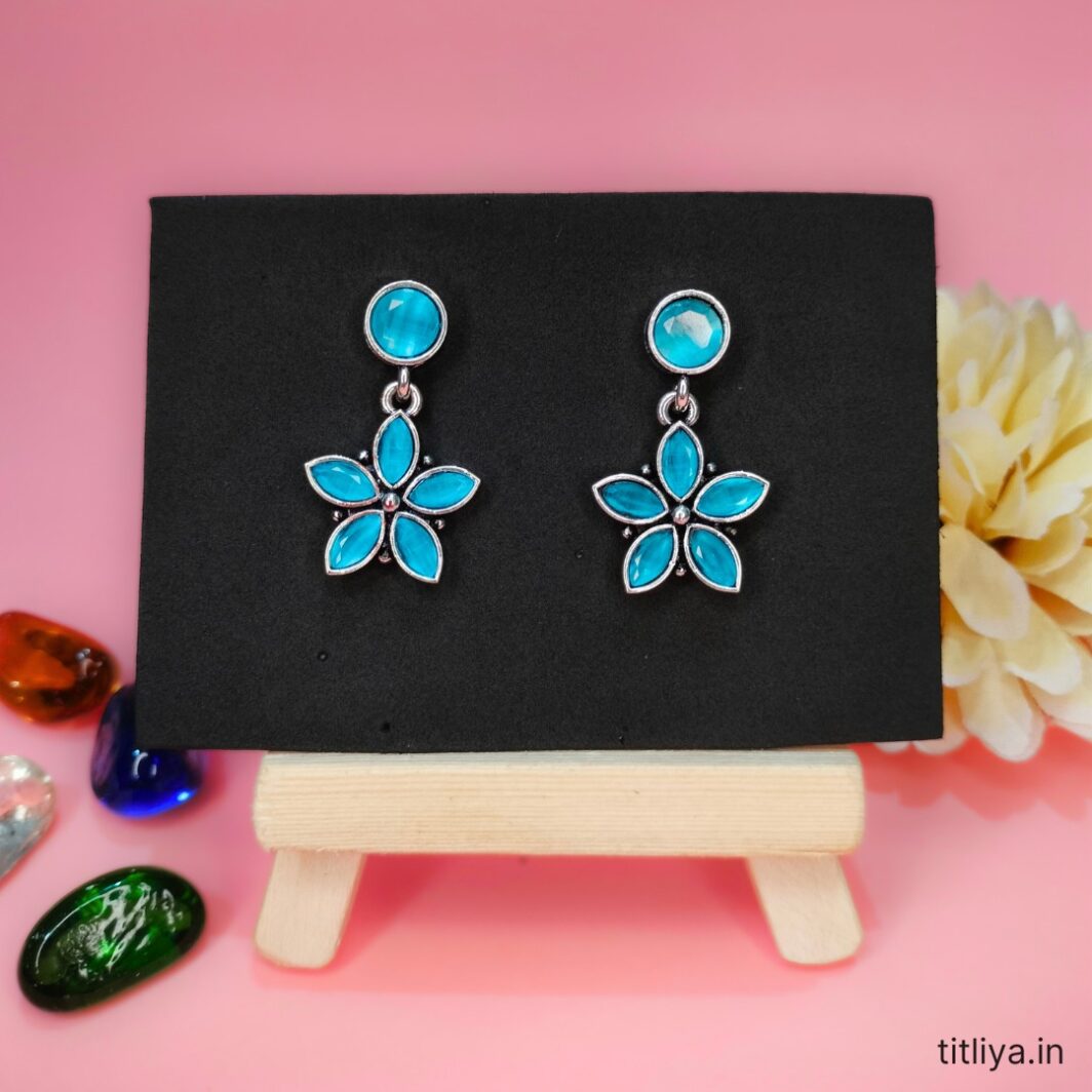 Sky Blue Flower Earrings Silver Plated Drop Earrings by Titliya