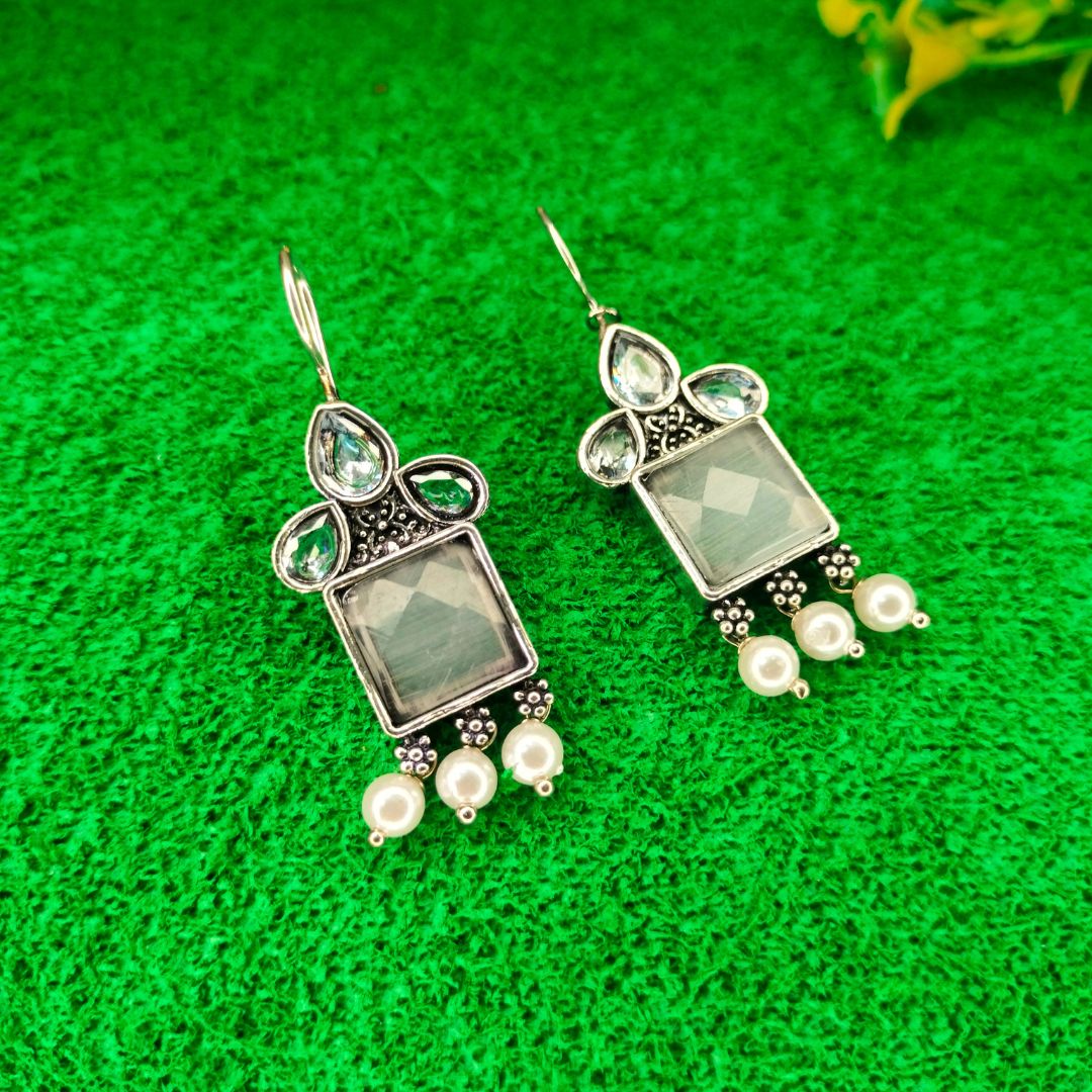 Square Grey Earrings with Pearl Design