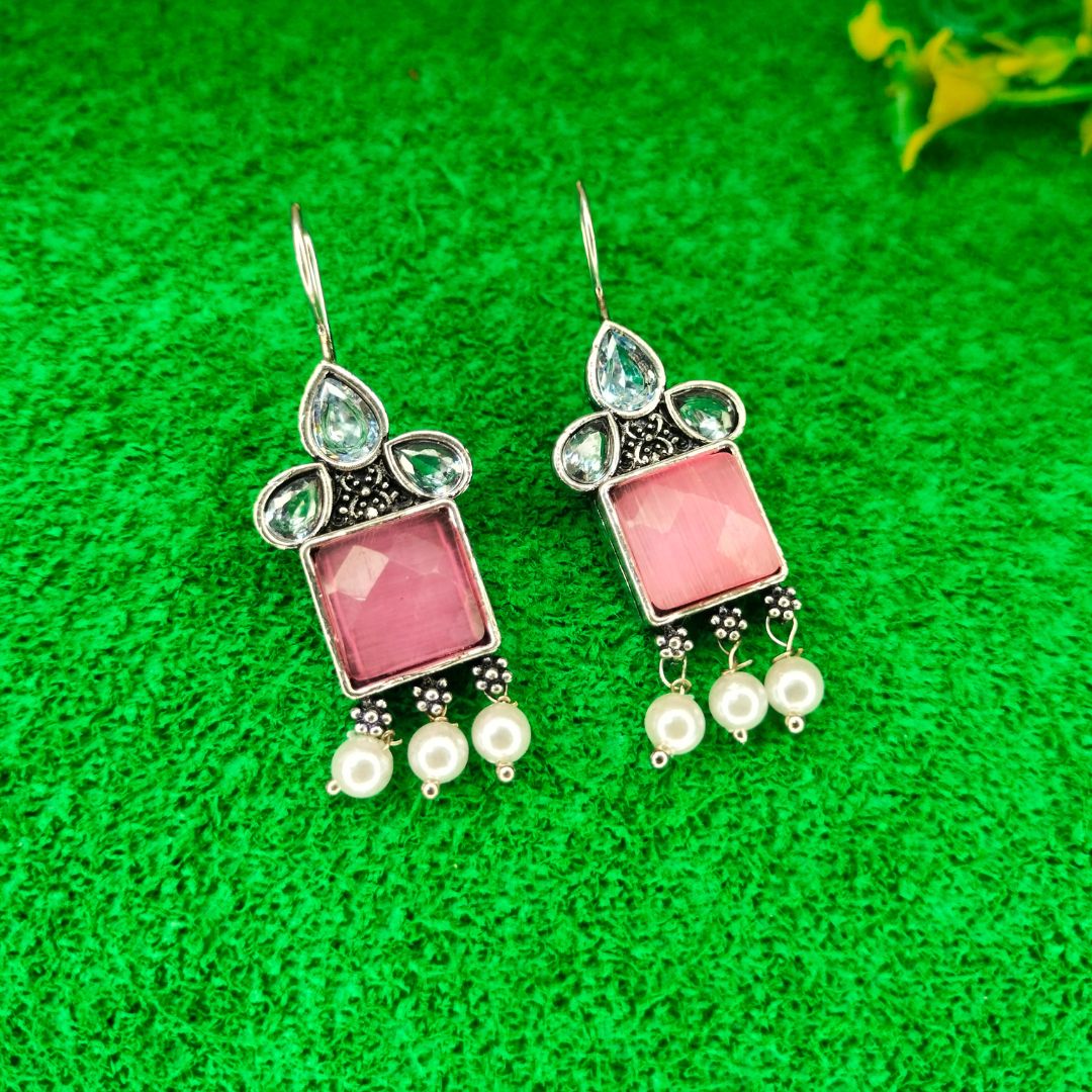 Square Shape Light Pink Stone Earrings with Pearl Drop