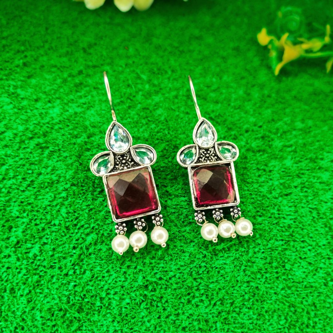 Square Shape Maroon Stone Earrings with Pearl Drop