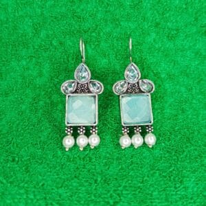 Square Sky Blue Earrings with Pearl Design