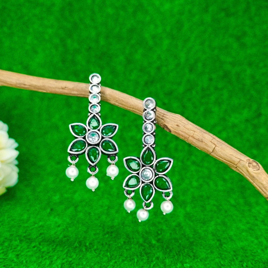 Trendy Silver-Plated Green Floral Drop Earrings - Latest Fashion Jewellery