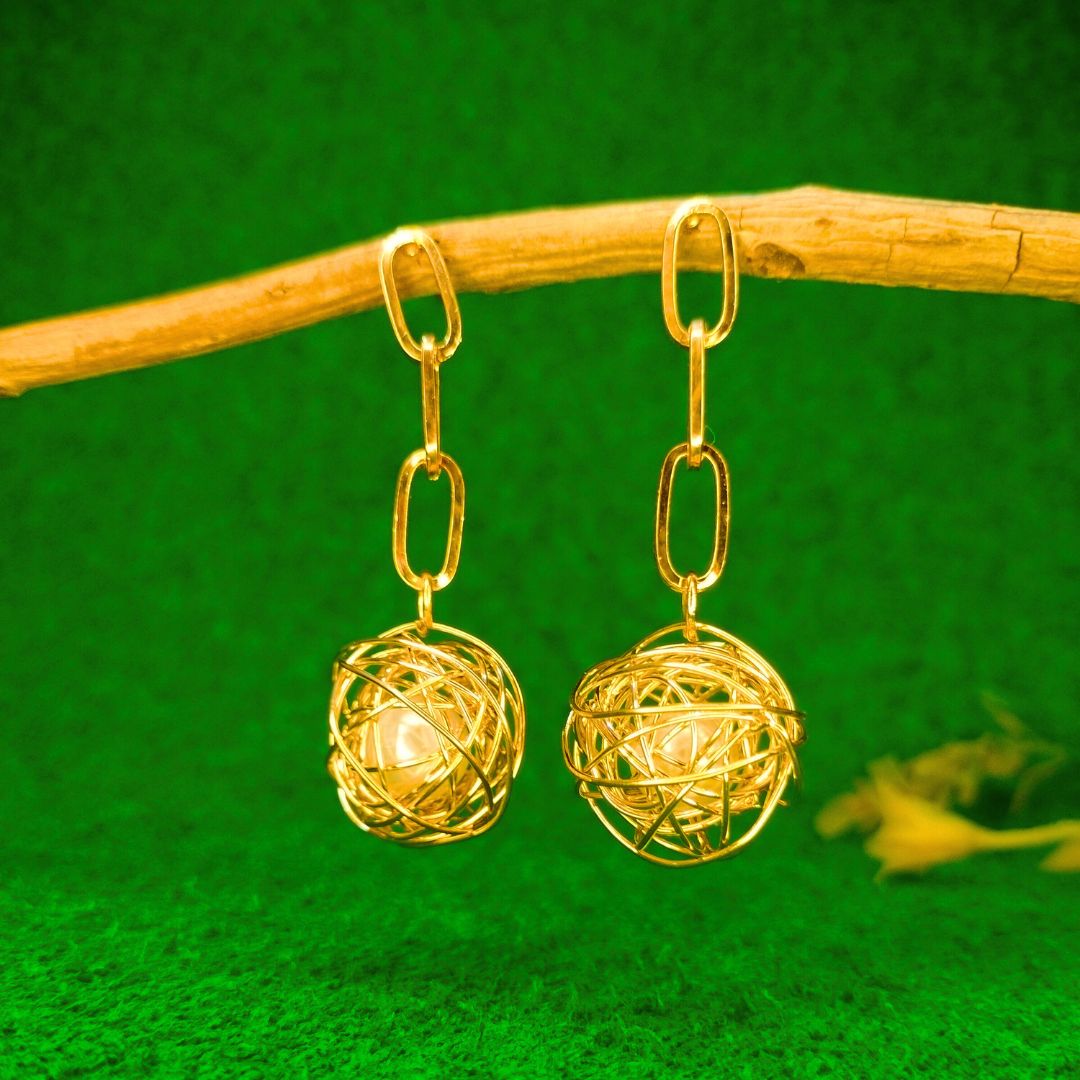 Triple Link Nest Ball Drop Earrings with White Pearl