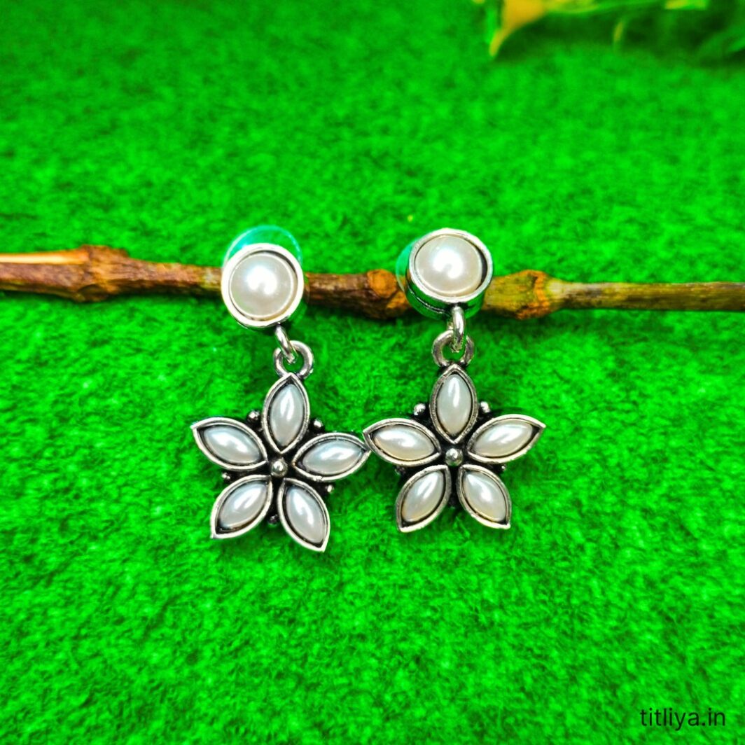 White Floral Earrings with Pearl Light Stones Elegant Jewelry by Titliya