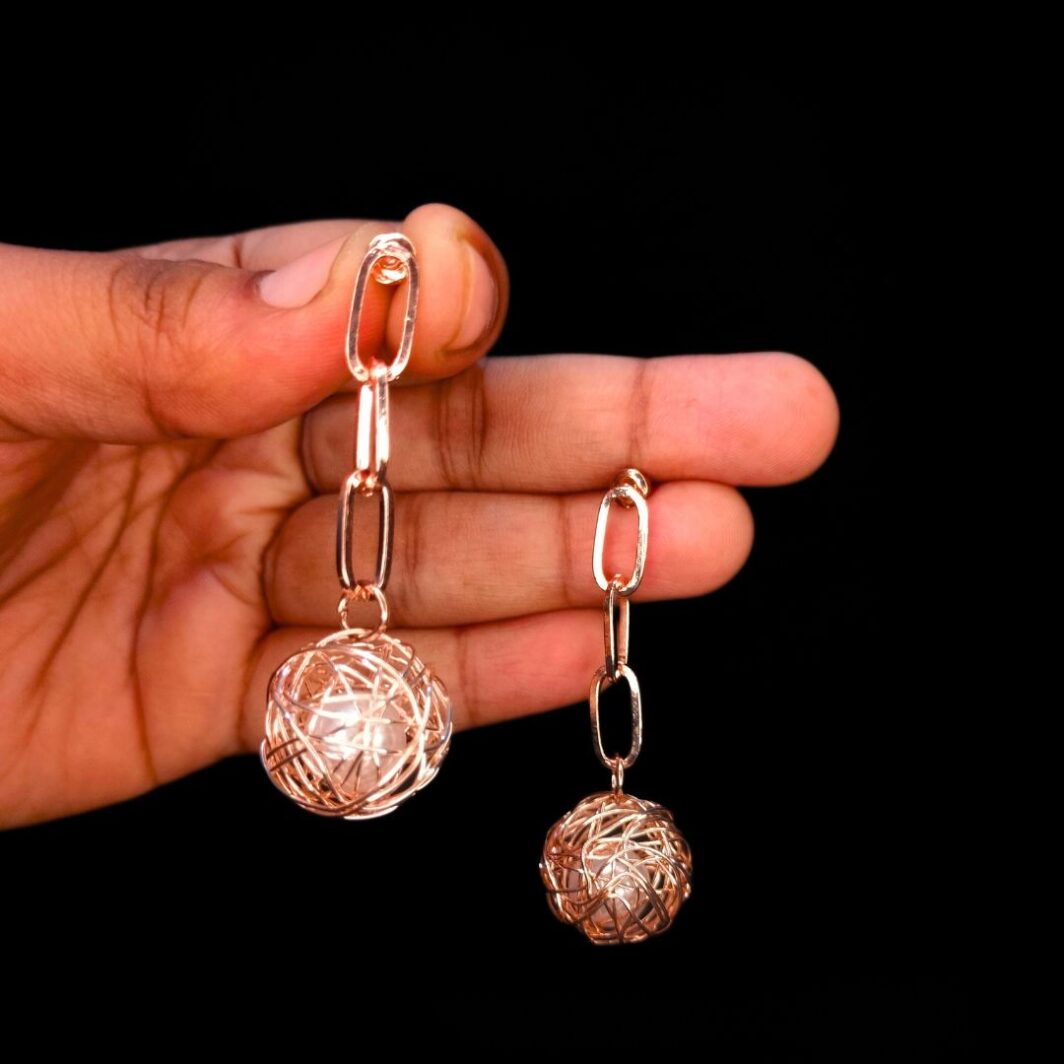 Wire Ball Triple Link Drop Earrings with White Pearl