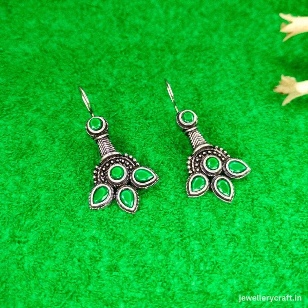 oxidized green stone fish hook earrings jc13