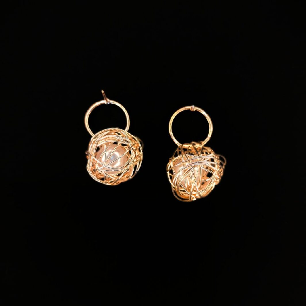 pearl wrapped in rose gold wire drop earrings jc191