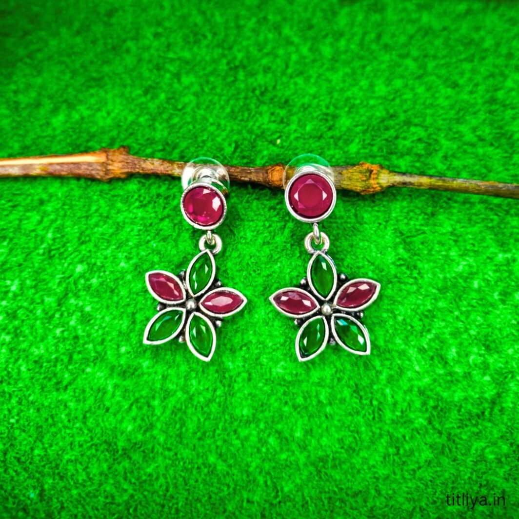 red green flower earrings in german silver jc73